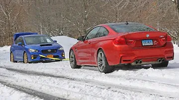 WRX STI vs BMW M4 snow tow (summer tires AWD vs winter tires RWD)